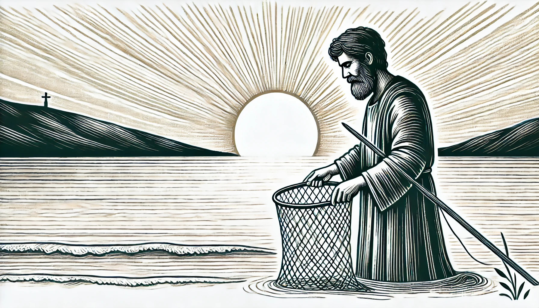 Drawing of Apostle Peter by the Sea of Galilee holding a fishing net with a peaceful sunset background, symbolizing faith and transformation.