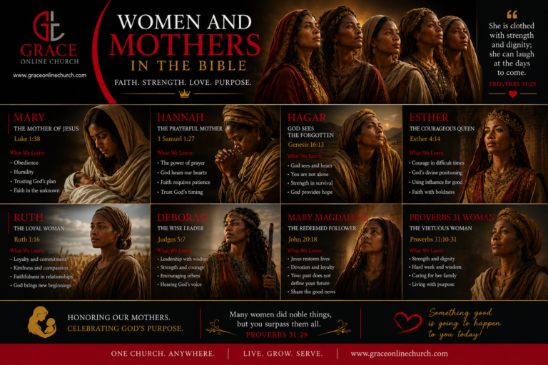 Biblical women and mothers with diverse skin tones representing faith, strength, love, and purpose featured in a Grace Online Church inspirational banner.