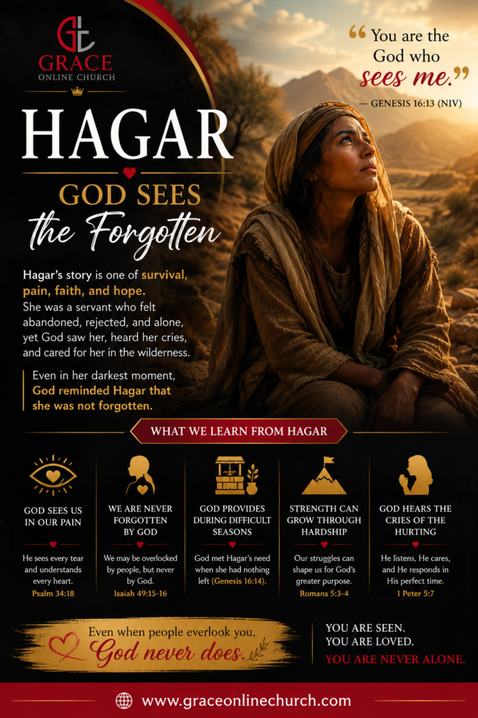 Christian inspirational artwork of Hagar in the wilderness representing faith, survival, hope, and God’s presence with Genesis 16:13 Bible verse and Grace Online Church branding.