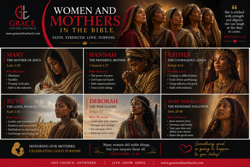 Infographic featuring diverse biblical women and mothers including Mary, Hannah, Esther, Ruth, Deborah, and Mary Magdalene with scriptures and lessons about faith, strength, prayer, courage, and wisdom from the Bible.
